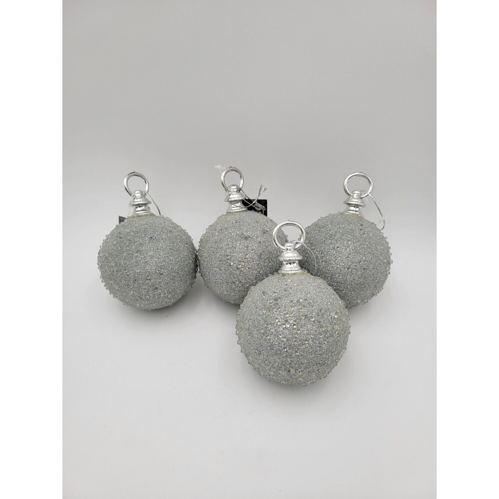 Set of 4 Holiday Time Silver 3" Ball Ornaments Plastic Textured Sparkle